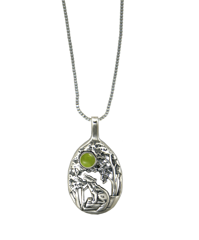 Sterling Silver Howling Wolf Pendant With Peridot